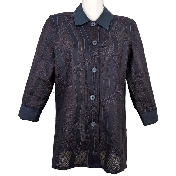 Ann Gerlin Womens 12 Blue Linen Mesh Applique Button Front Top - Picture 1 of 7